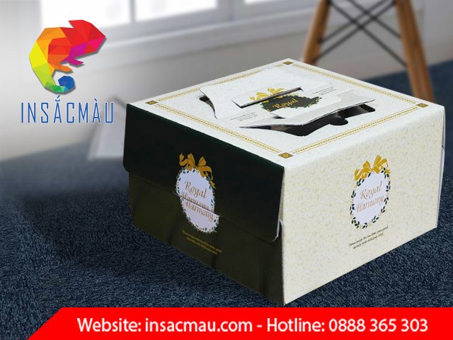 Mẫu hộp đựng bánh kem in thông tin thương hiệu bắt mắt