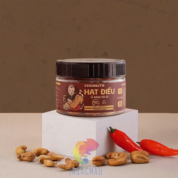 Mẫu tem hạt điều hình chữ nhật dán thân hộp