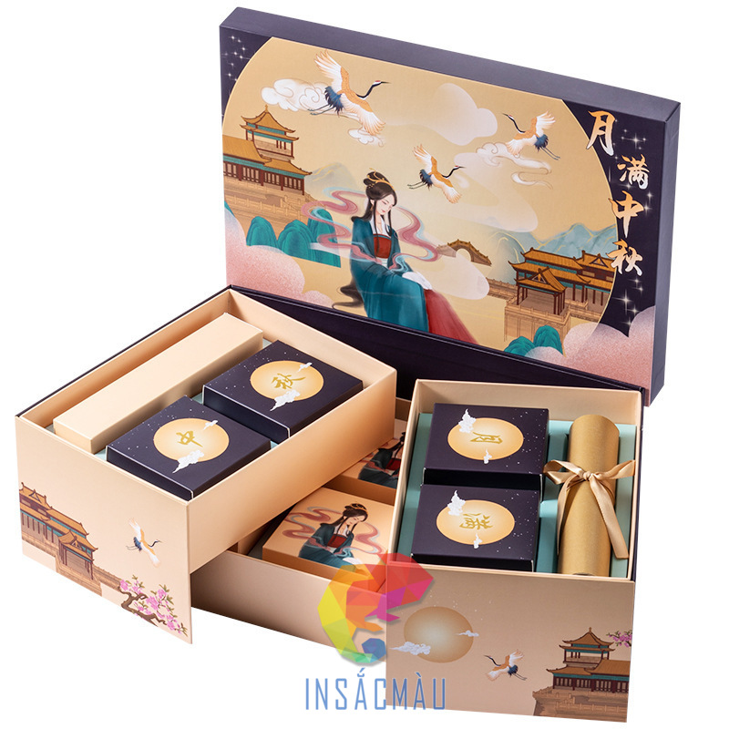 In hộp bánh trung thu 39 Mẫu hộp đựng 2 bánh trung thu kèm phụ kiện
