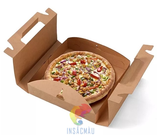 Mẫu hộp giấy đựng pizza kiểu nắp gài giữa, có quai xách