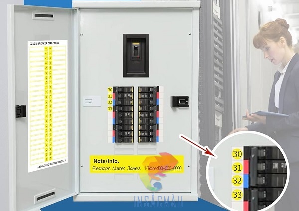 Tem nhãn hướng dẫn các công tắc trên tủ điện