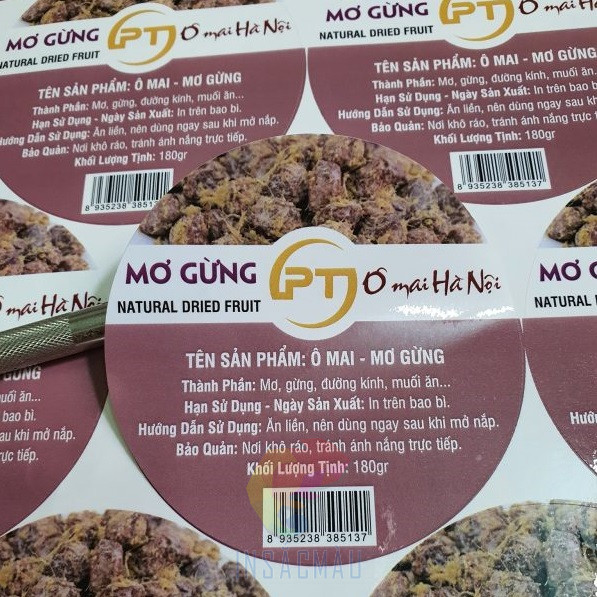 Mẫu tem ô mai mơ cứng hình tròn dán nắp