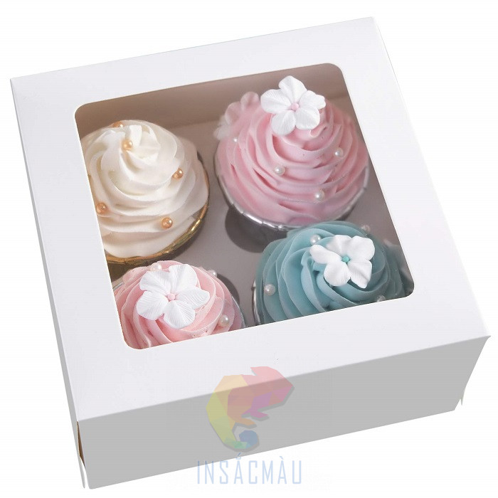 Mẫu hộp giấy Ivory đựng bánh cupcake 4 chiếc