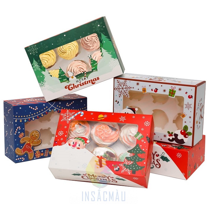 Mẫu hộp giấy đựng bánh cupcake chủ đề giáng sinh