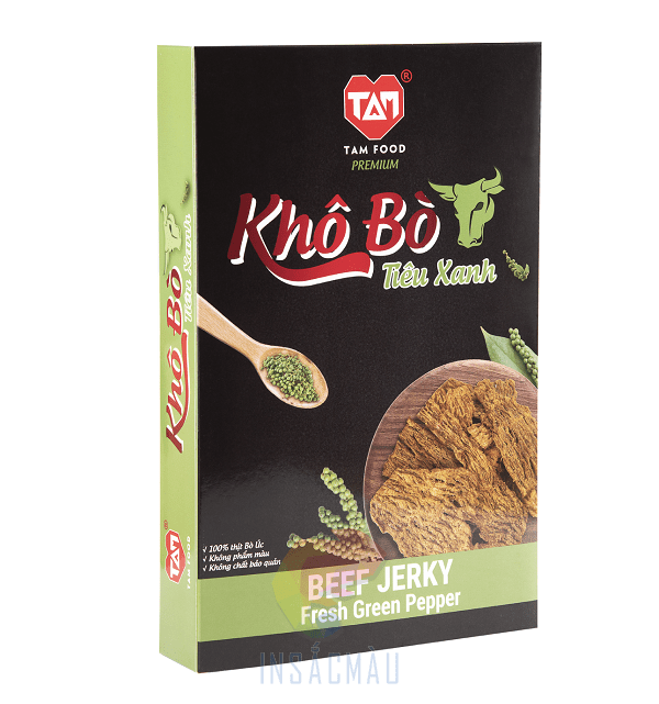 Mẫu hộp giấy đựng khô bò vị tiêu xanh