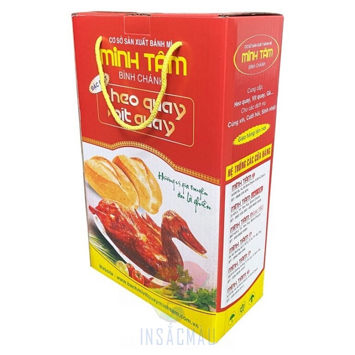 Mẫu hộp giấy đựng vịt quay dáng đứng, có quai xách hai bên