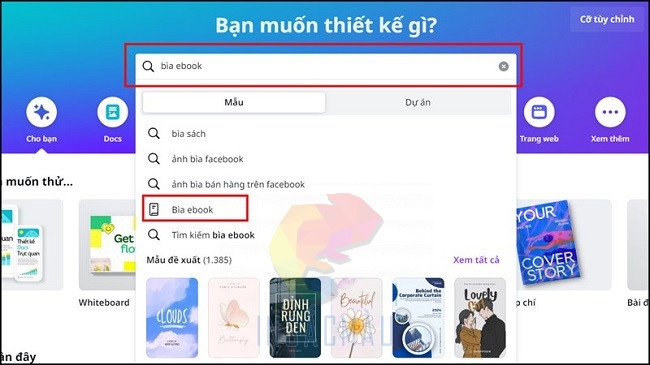 Cách làm bìa sách chuyên nghiệp cho người mới bắt đầu 18 Sau khi đăng nhập, trên thanh tìm kiếm, gõ "Bìa sách" (Book Cover).