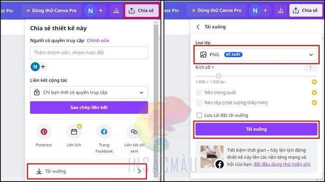 Cách làm bìa sách chuyên nghiệp cho người mới bắt đầu 21 nhấn vào lệnh “Chia sẻ” sau đó chọn loại tệp muốn tải là PDF, PNG hay JPEG rồi nhấn vào nút "Tải xuống" để tải bìa sách về máy.