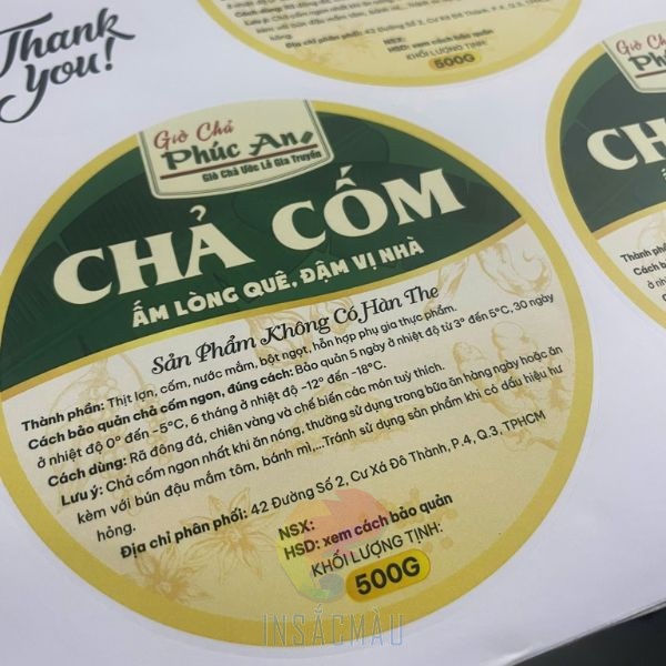 Kích thước và hình dạng tem nhãn chả cốm phổ biến