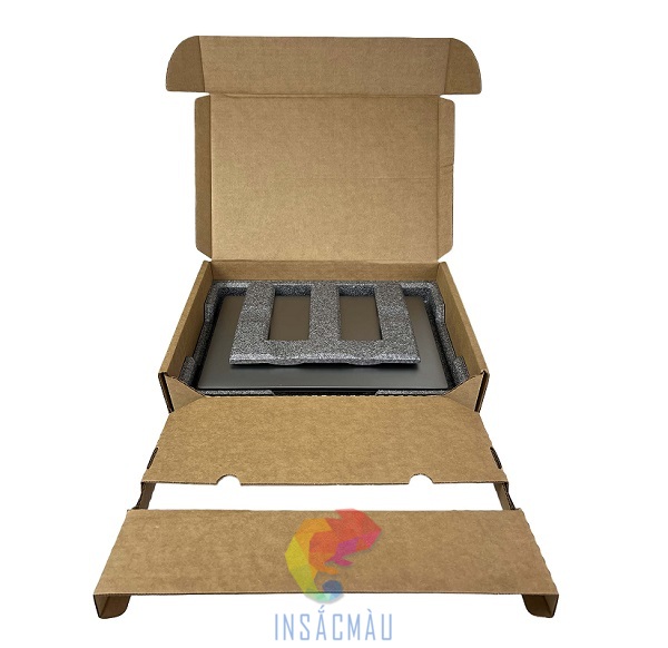 Mẫu hộp carton đựng laptop kiểu nắp gài, chống sốc bằng giấy và xốp