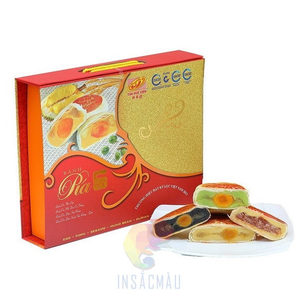 Mẫu hộp giấy đựng bánh Pía dáng nắp gập, có quai
