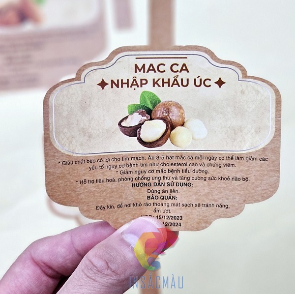 Mẫu tem decal giấy dán bao bì hạt macca