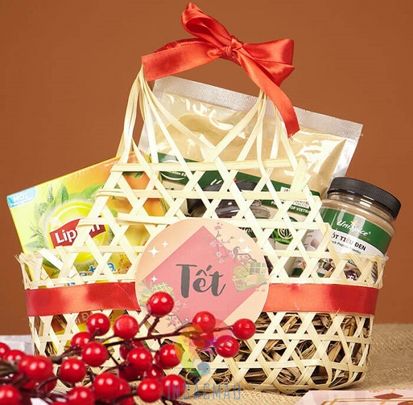 Mẫu tem dán giỏ quà tết đẹp, màu đỏ