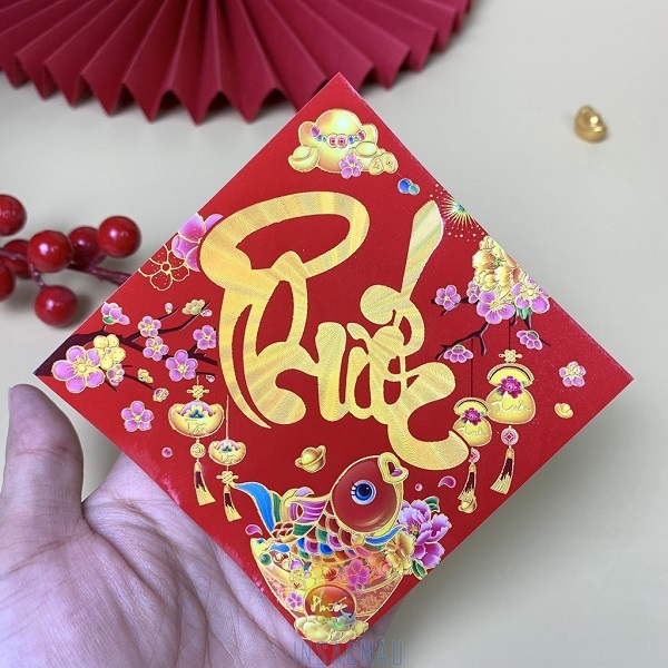 Mẫu tem dán giỏ quà tết in chữ Phúc