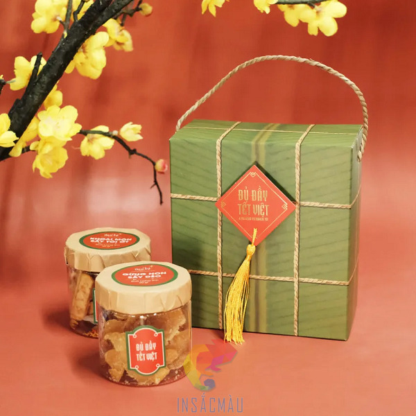 Mẫu hộp giấy đựng mứt Tết hình bánh chưng độc đáo