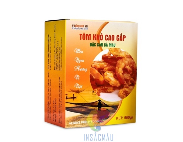 Quy cách in hộp giấy đựng tôm khô tại công ty In Sắc Màu