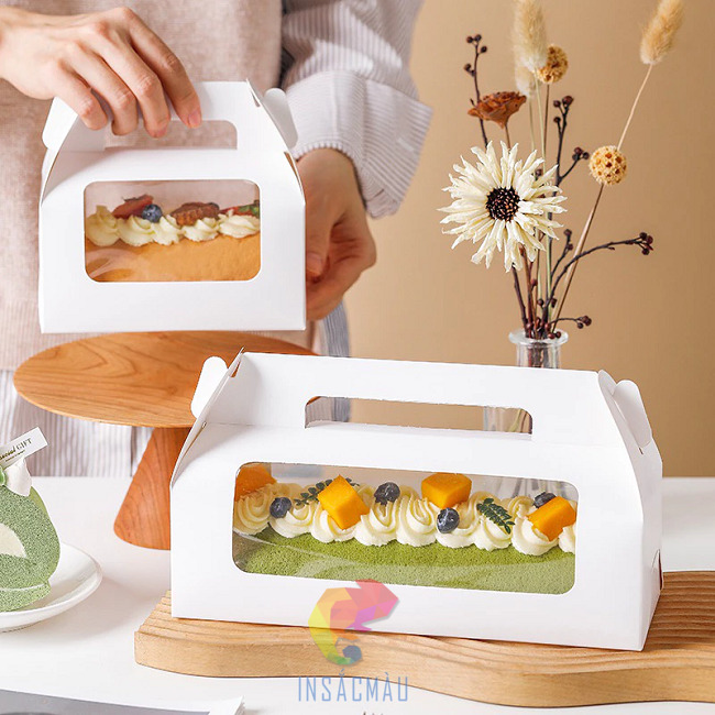 Mẫu hộp giấy đựng bánh bông lan cuộn màu trắng tinh tế