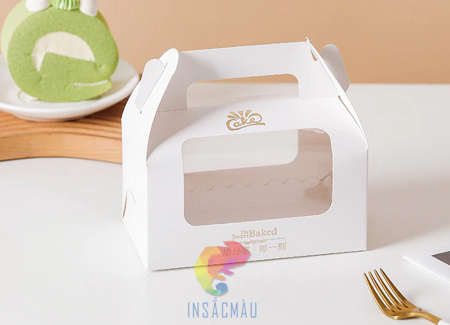 Mẫu hộp giấy đựng bánh bông lan có quai tiện lợi