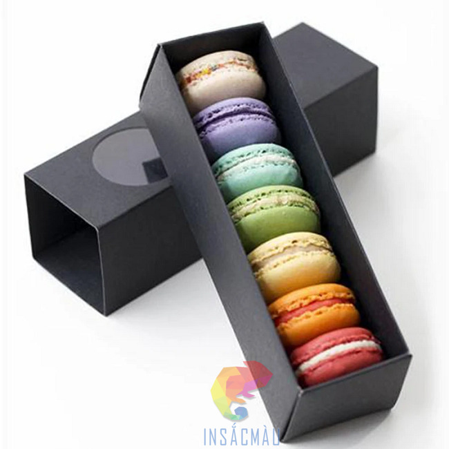 Mẫu hộp giấy đựng bánh macaron nắp trượt, tone màu đen ấn tượng