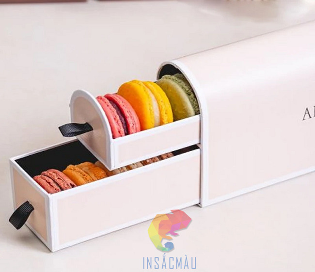 Mẫu hộp giấy đựng bánh macaron 2 tầng