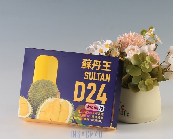 Mẫu bao bì hộp đựng sầu riêng tách múi kiểu nắp gài chắc chắn
