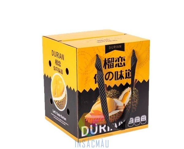 Mẫu hộp giấy đựng sầu riêng nguyên trái nắp dán keo, dây quai xương cá