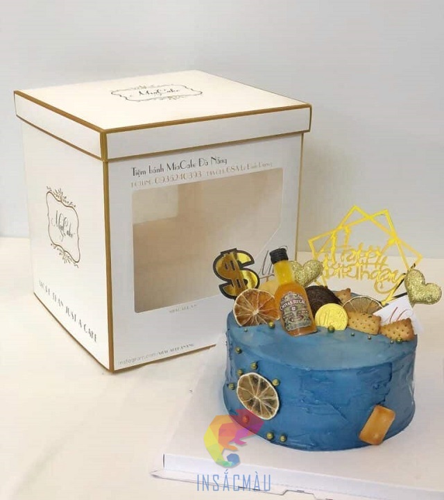 Mẫu hộp giấy đựng bánh kem có cửa sổ, nắp rời, màu sắc sang trọng