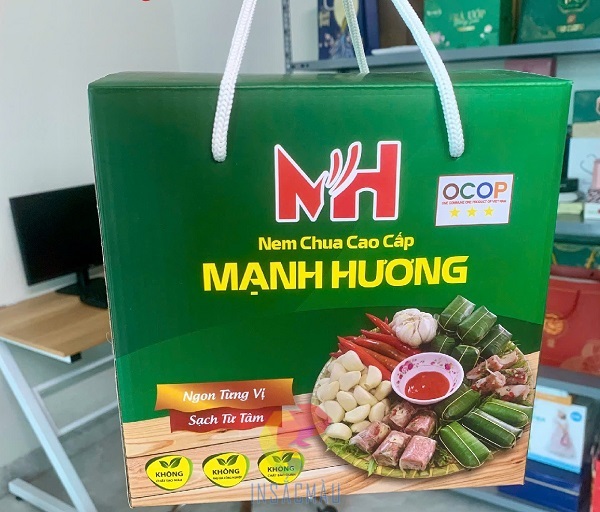 Mẫu hộp đựng nem chua tông màu xanh chủ đạo