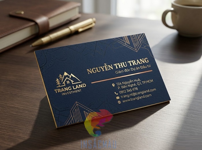 Mẫu card visit bất động sản màu xanh nav ép kim sang trọng