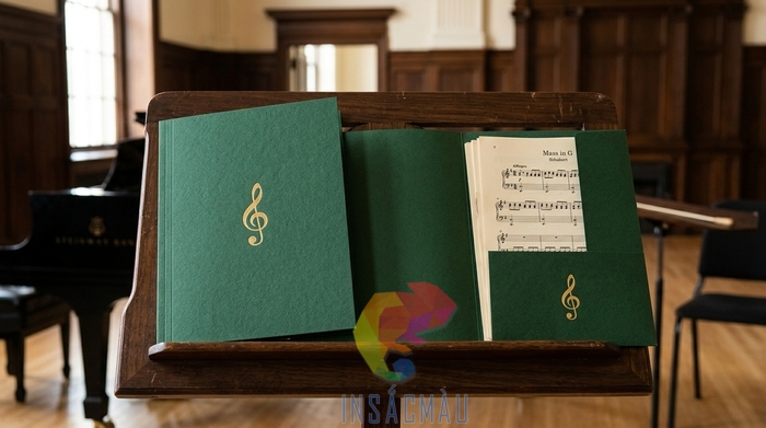 Thiết kế folder 1 tai gấp màu xanh rêu hiện đại cho trường âm nhạc