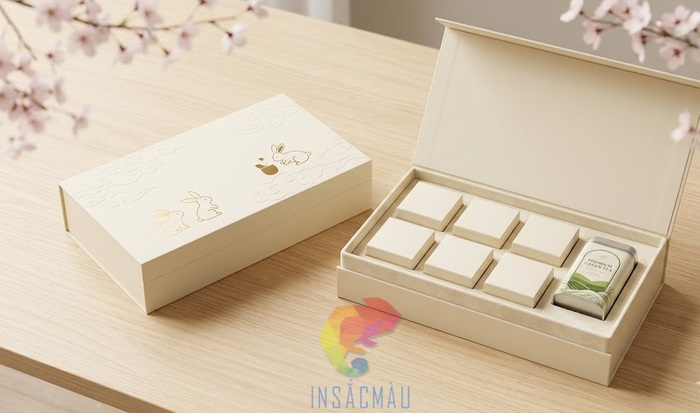 Mẫu hộp đựng bánh trung thu kèm quà màu be thanh lịch