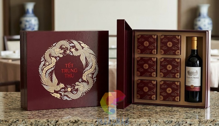 Mẫu hộp giấy đựng bánh trung thu kèm quà hình vuông