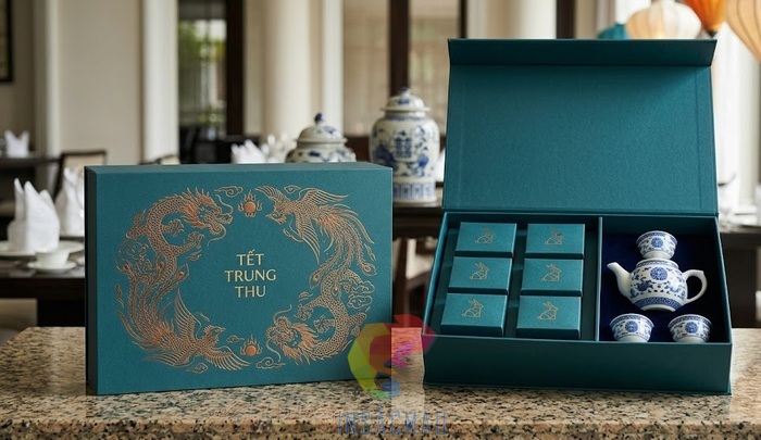 Mẫu hộp đựng bánh trung thu kèm bộ ấm tách