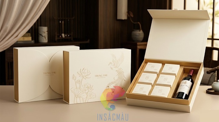 Mẫu hộp đựng 6 bánh trung thu kèm rượu vang