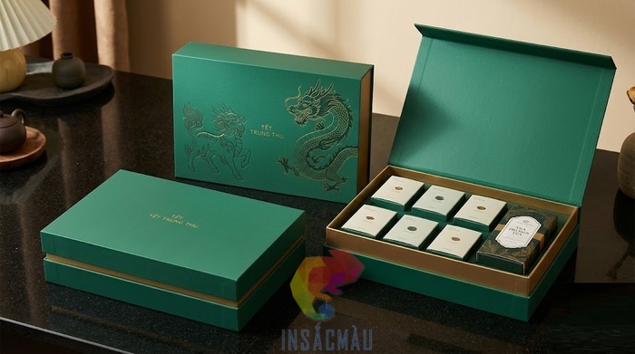 Mẫu hộp đựng 6 bánh trung thu kèm trà, ép kim họa tiết tinh tế