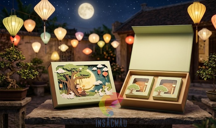 Mẫu hộp bánh trung thu đựng 2 bánh nắp nam châm cao cấp