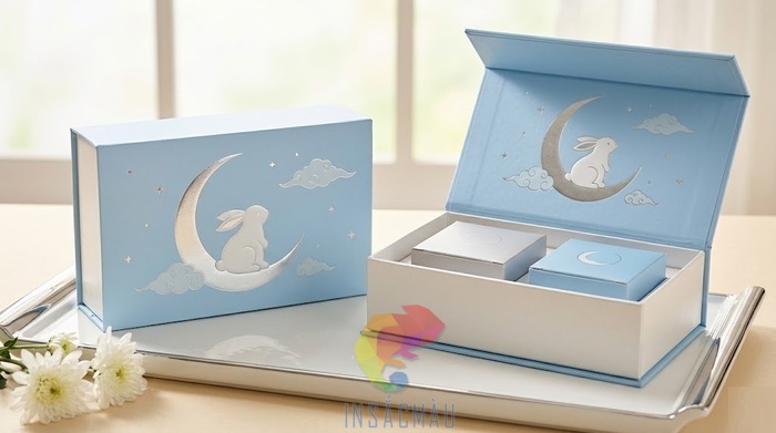 Mẫu hộp giấy đựng bánh trung 2 bánh màu xanh pastel tinh tế