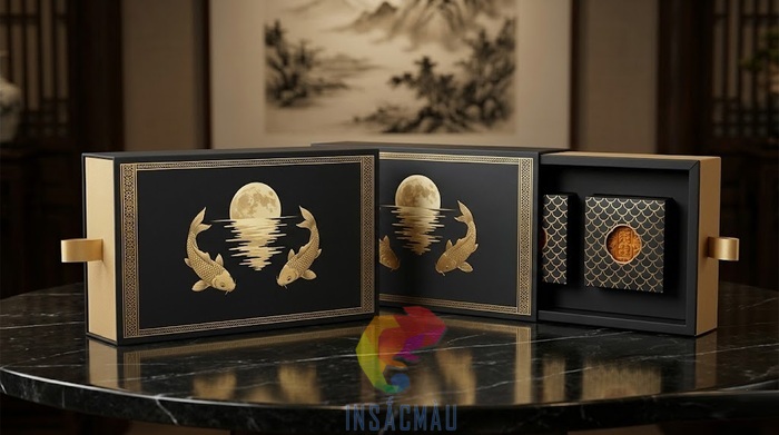 Mẫu hộp giấy đựng bánh trung màu đen ép kim vàng sang trọng