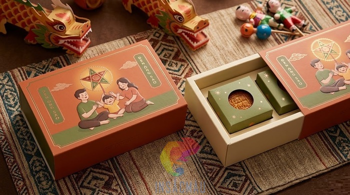Mẫu hộp giấy đựng 2 bánh trung thu nắp âm dương