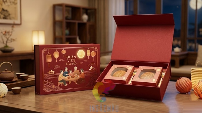 Mẫu hộp giấy đựng 2 bánh trung thu kiểu nắp lật nam châm