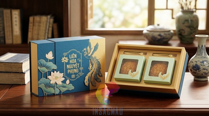Mẫu hộp giấy đựng 2 bánh trung thu kèm muỗng