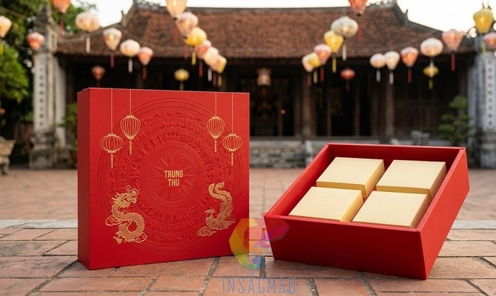 Mẫu hộp đựng bánh trung thu loại 4 bánh màu đỏ sang trọng