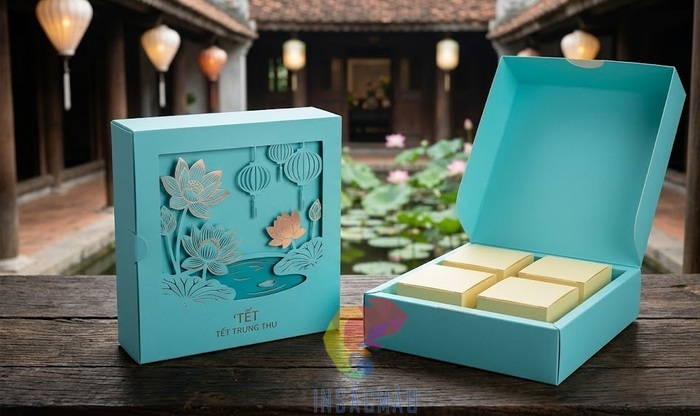 Mẫu hộp giấy đựng bánh 4 trung thu dáng nắp gập