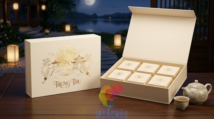 Mẫu hộp giấy đựng bánh trung thu màu be đơn giản, bắt mắt