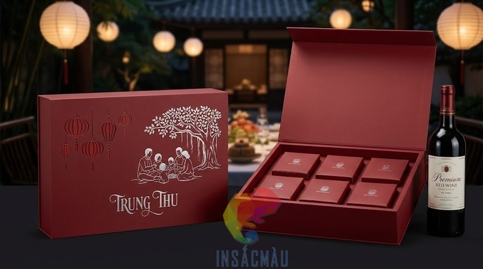 Mẫu hộp giấy đựng bánh trung thu màu đỏ đô sang trọng