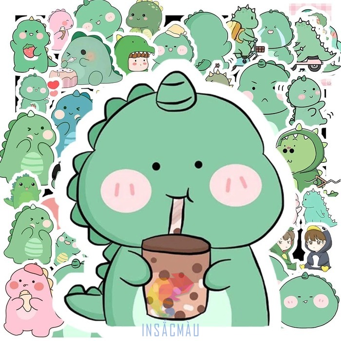 Mẫu sticker khủng long xanh uống trà sữa