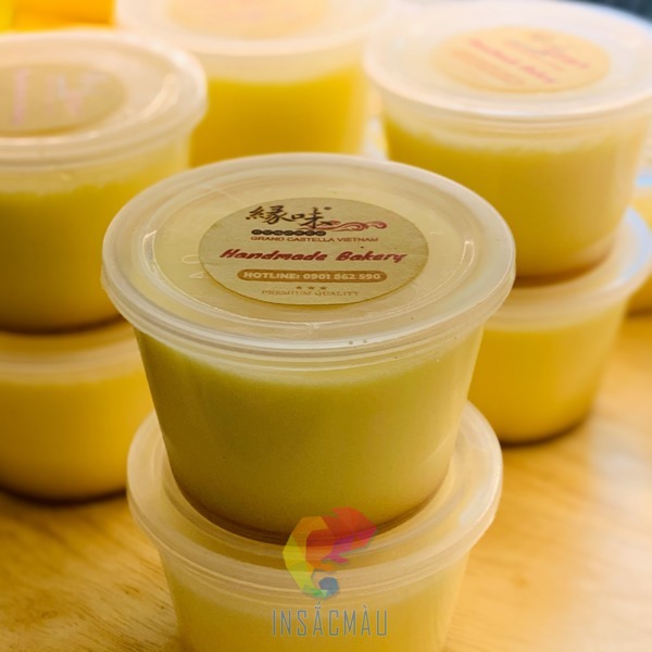 Mẫu tem nhãn bánh flan bằng decal giấy kraft