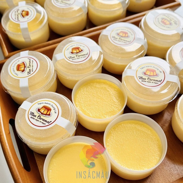 Mẫu tem bánh flan dạng dài dán niêm phong nắp hũ