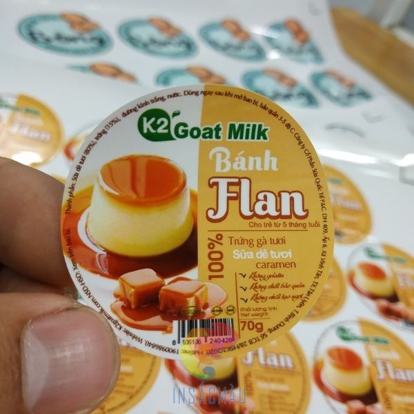 Mẫu tem bánh flan hình tròn, thiết kế bắt mắt
