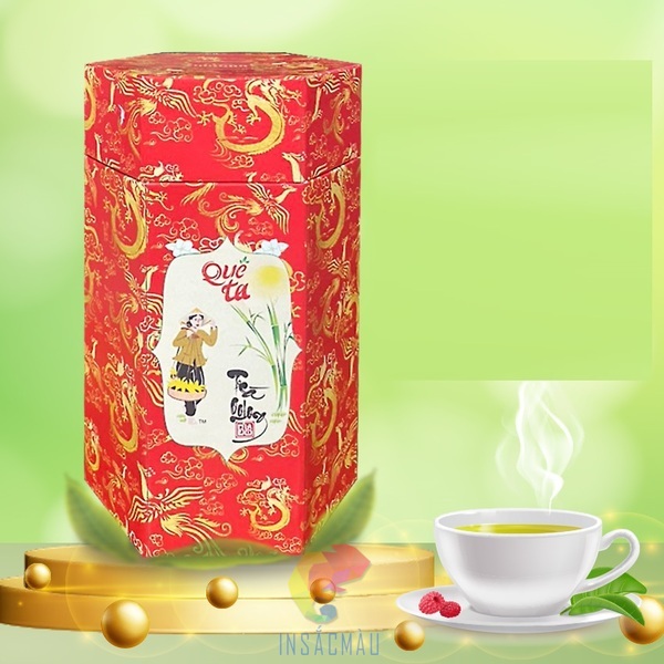 Mẫu bao bì trà hình lục giác màu đỏ in họa tiết ép kim bắt mắt